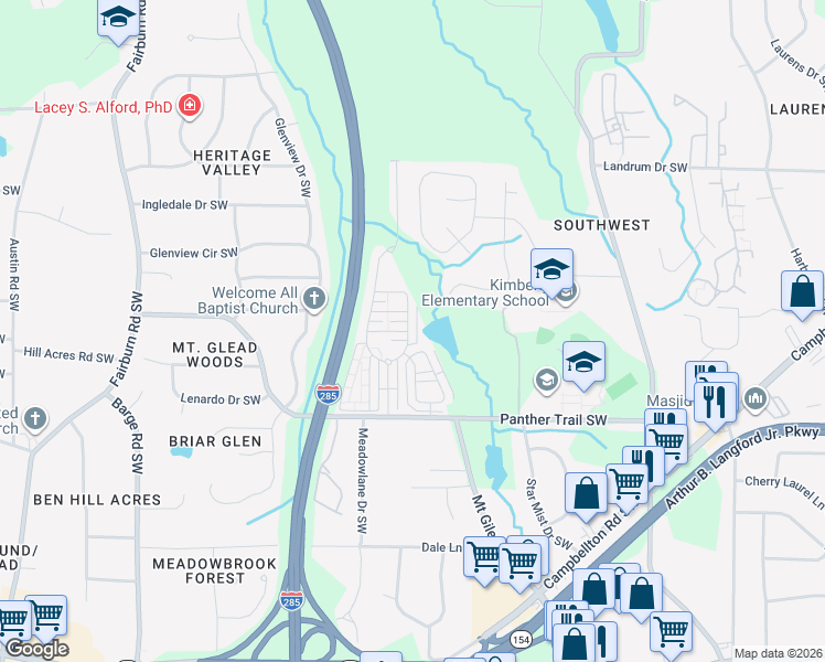 map of restaurants, bars, coffee shops, grocery stores, and more near 3276 Tiara Circle Southwest in Atlanta