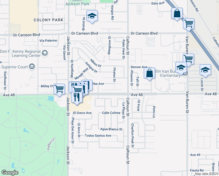map of restaurants, bars, coffee shops, grocery stores, and more near 83305 Calypso Circle in Indio