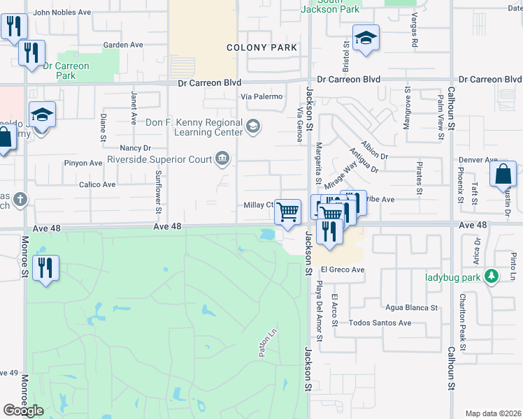map of restaurants, bars, coffee shops, grocery stores, and more near 82847 Millay Court in Indio