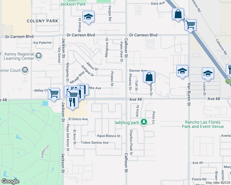map of restaurants, bars, coffee shops, grocery stores, and more near 83403 Calypso Circle in Indio