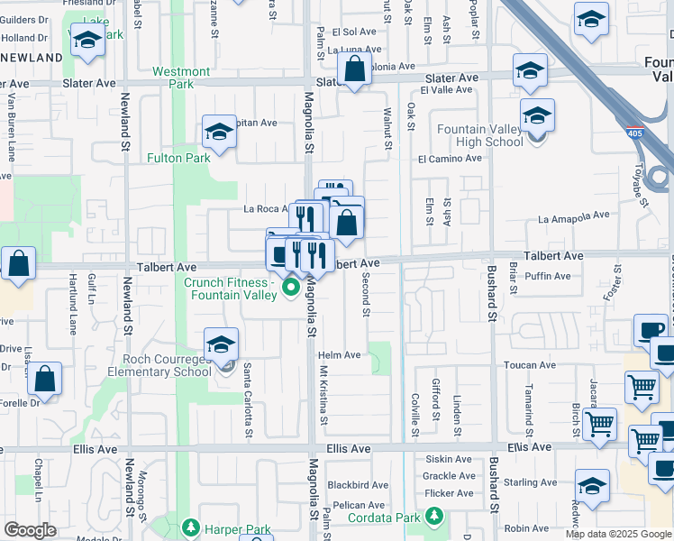 map of restaurants, bars, coffee shops, grocery stores, and more near 9080 Talbert Avenue in Fountain Valley