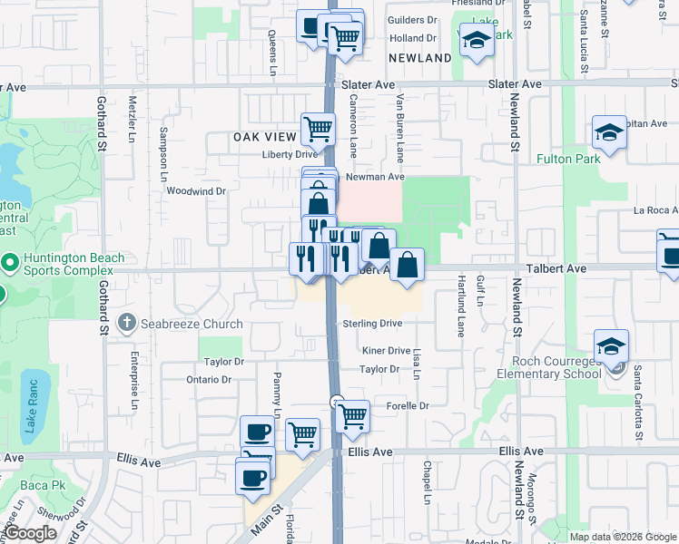 map of restaurants, bars, coffee shops, grocery stores, and more near 18042 Beach Boulevard in Huntington Beach