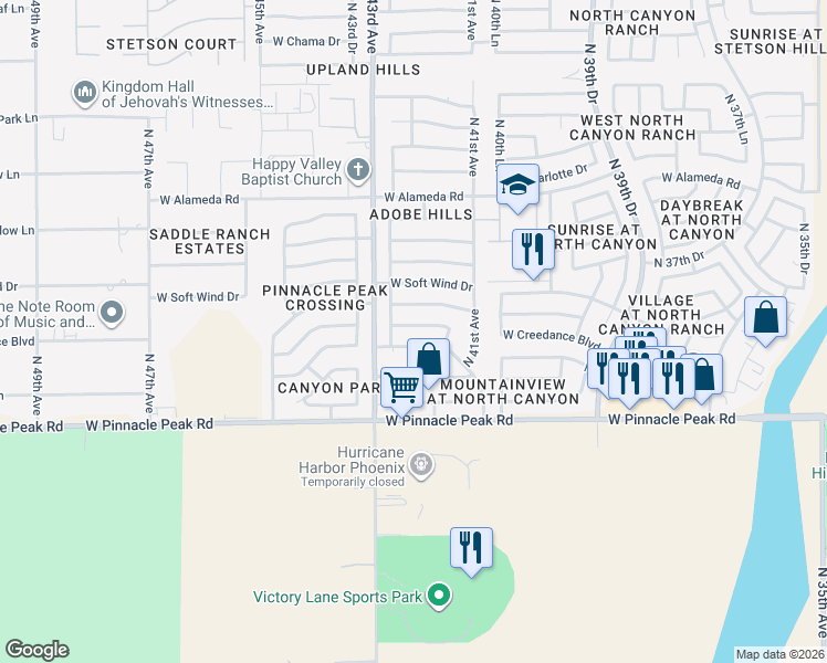 map of restaurants, bars, coffee shops, grocery stores, and more near 4219 West Creedance Boulevard in Glendale