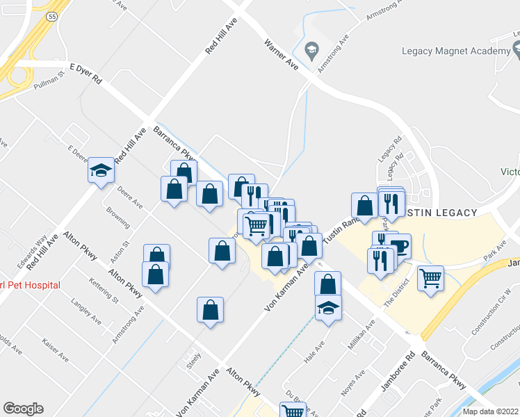 map of restaurants, bars, coffee shops, grocery stores, and more near 16500-16564 Armstrong Avenue in Irvine