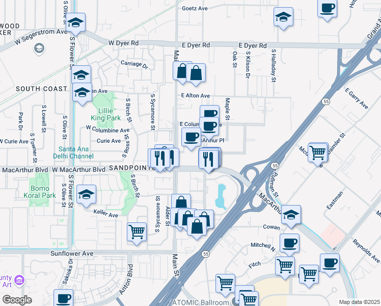 map of restaurants, bars, coffee shops, grocery stores, and more near 2 Mac Arthur Place in Santa Ana