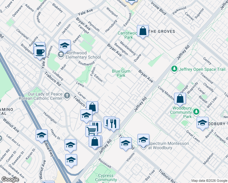 map of restaurants, bars, coffee shops, grocery stores, and more near 25 Torrey Pine in Irvine