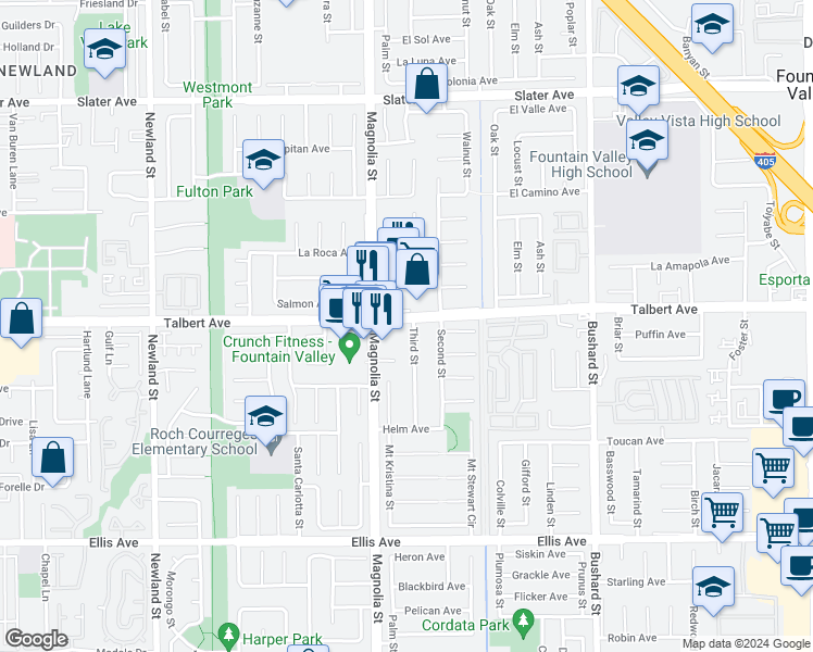 map of restaurants, bars, coffee shops, grocery stores, and more near 9080 Talbert Avenue in Fountain Valley