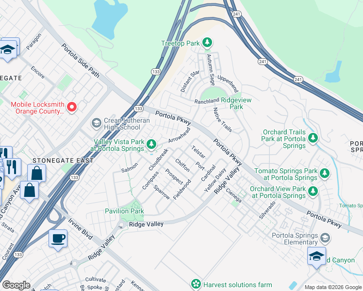 map of restaurants, bars, coffee shops, grocery stores, and more near 121 Bumblebee in Irvine
