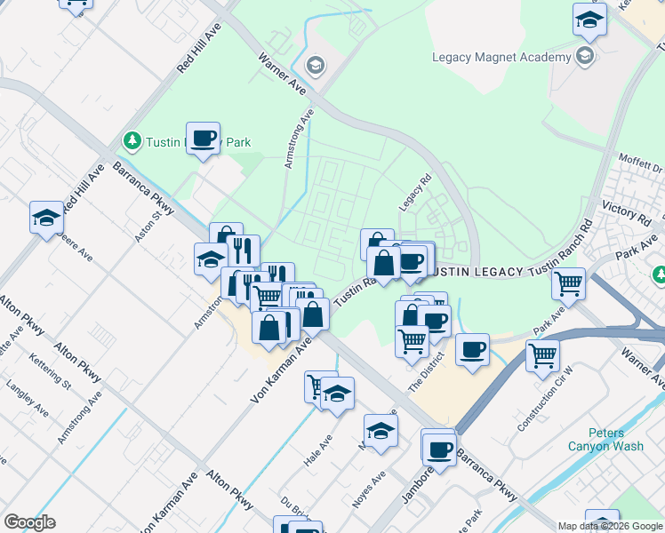 map of restaurants, bars, coffee shops, grocery stores, and more near Tustin Ranch in Irvine