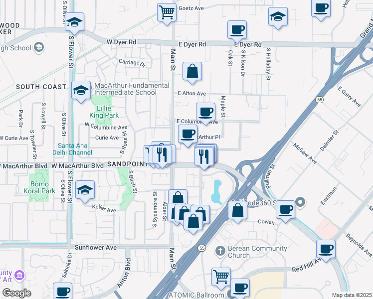 map of restaurants, bars, coffee shops, grocery stores, and more near 2 Mac Arthur Place in Santa Ana