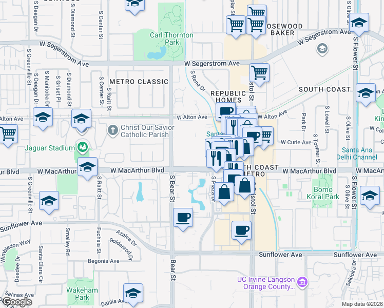 map of restaurants, bars, coffee shops, grocery stores, and more near 1601 West MacArthur Boulevard in Santa Ana
