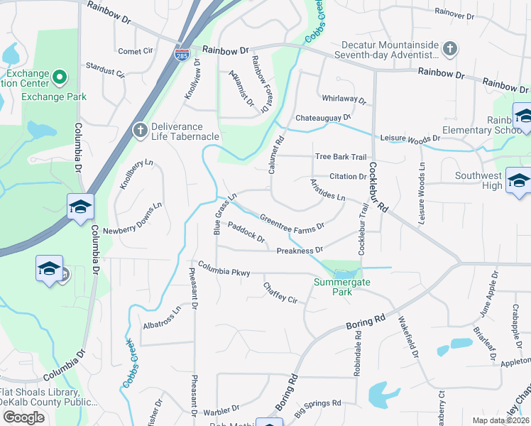 map of restaurants, bars, coffee shops, grocery stores, and more near 3638 Greentree Farms Drive in Decatur
