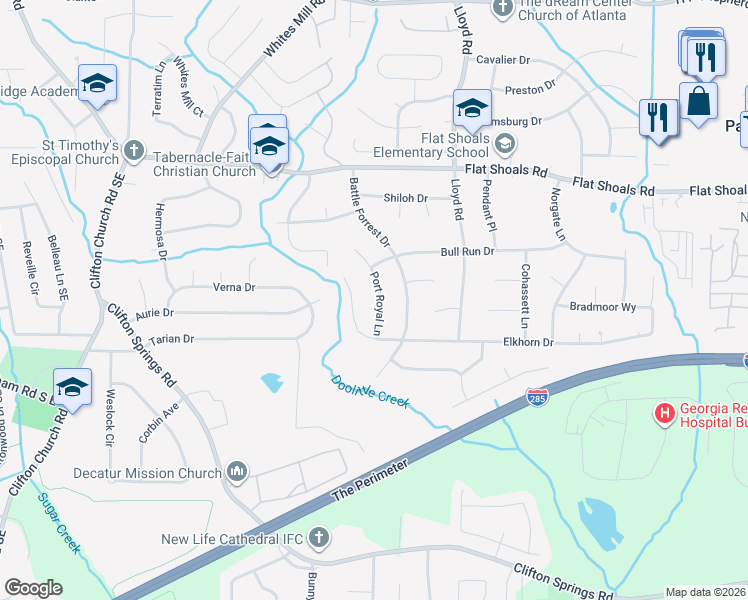 map of restaurants, bars, coffee shops, grocery stores, and more near 2432 Elkhorn Drive in Decatur