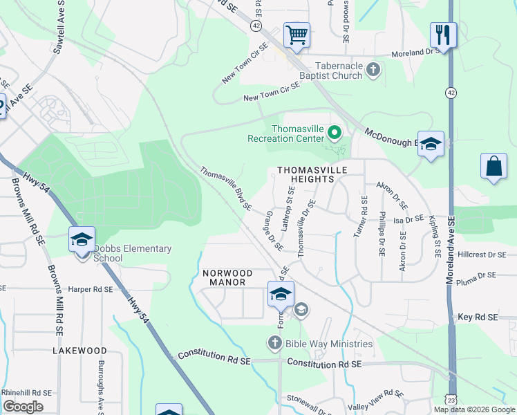 map of restaurants, bars, coffee shops, grocery stores, and more near 884 Grange Court Southeast in Atlanta