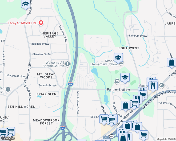 map of restaurants, bars, coffee shops, grocery stores, and more near 3276 Tiara Circle Southwest in Atlanta