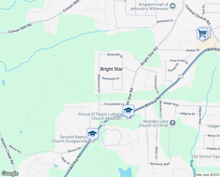 map of restaurants, bars, coffee shops, grocery stores, and more near 3860 Apache Lane in Douglasville