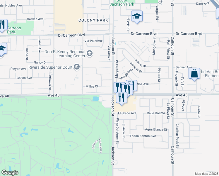 map of restaurants, bars, coffee shops, grocery stores, and more near 82987 Millay Court in Indio