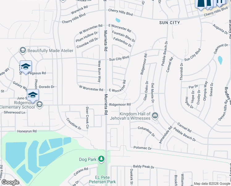 map of restaurants, bars, coffee shops, grocery stores, and more near 28918 East Worcester Road in Menifee