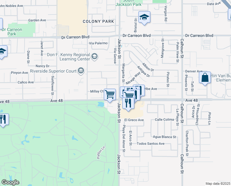map of restaurants, bars, coffee shops, grocery stores, and more near 82987 Millay Court in Indio