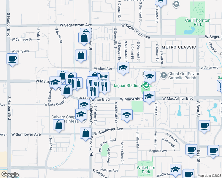 map of restaurants, bars, coffee shops, grocery stores, and more near 3500 South Greenville Street in Santa Ana