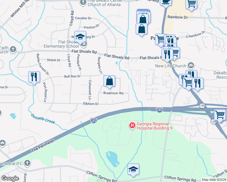 map of restaurants, bars, coffee shops, grocery stores, and more near 2706 Bradmoor Way in Decatur