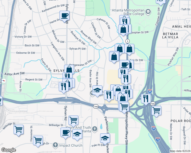 map of restaurants, bars, coffee shops, grocery stores, and more near 1959 Oana Street Southwest in Atlanta