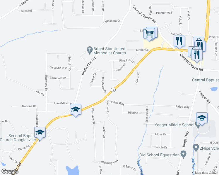 map of restaurants, bars, coffee shops, grocery stores, and more near 3857 Highway 5 in Douglasville