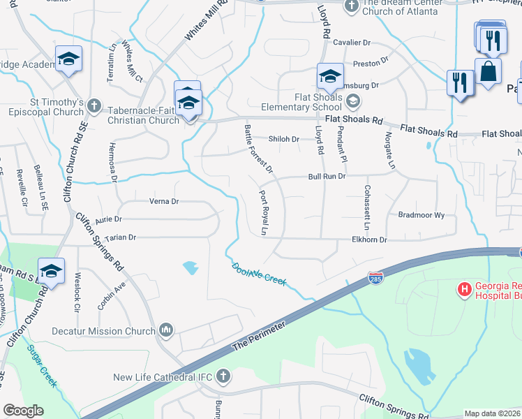map of restaurants, bars, coffee shops, grocery stores, and more near 2432 Elkhorn Drive in Decatur
