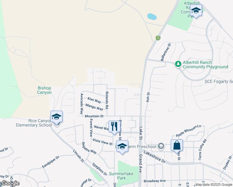 map of restaurants, bars, coffee shops, grocery stores, and more near 29022 Stoneridge Terrace in Lake Elsinore