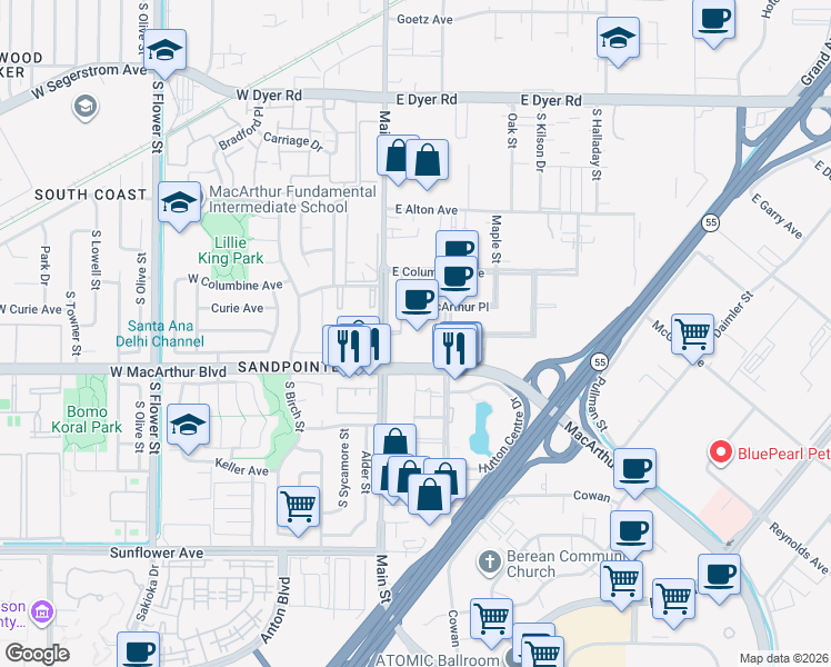 map of restaurants, bars, coffee shops, grocery stores, and more near 2 Mac Arthur Place in Santa Ana