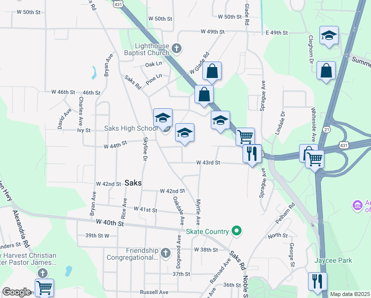 map of restaurants, bars, coffee shops, grocery stores, and more near 32 Watson Street in Anniston