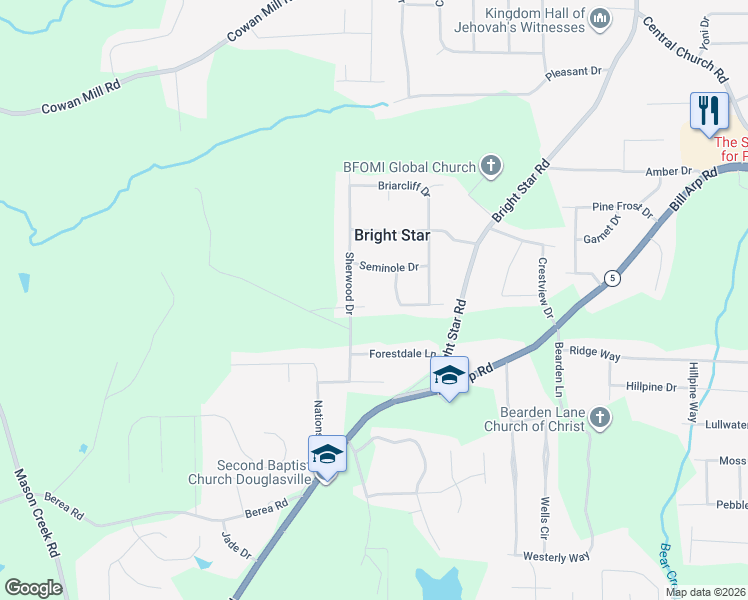 map of restaurants, bars, coffee shops, grocery stores, and more near 6653 Prinston Circle in Douglasville