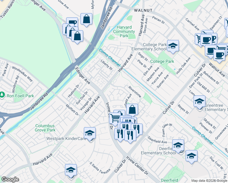 map of restaurants, bars, coffee shops, grocery stores, and more near 380 Deerfield Avenue in Irvine