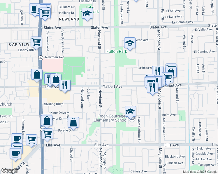 map of restaurants, bars, coffee shops, grocery stores, and more near 18008 Hazel Court in Fountain Valley