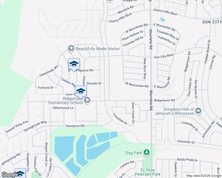 map of restaurants, bars, coffee shops, grocery stores, and more near 28954 Portsmouth Drive in Menifee
