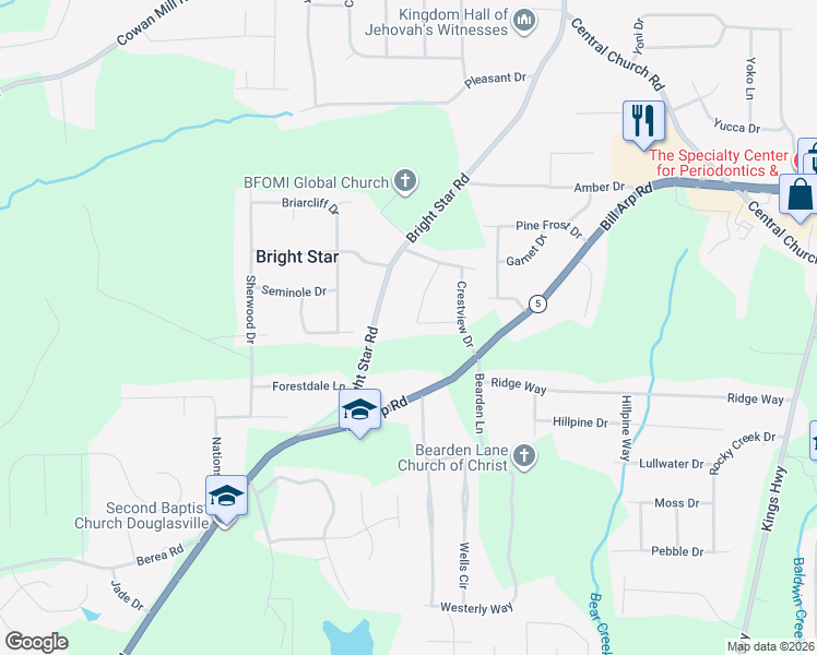 map of restaurants, bars, coffee shops, grocery stores, and more near 6 Roper Drive in Douglasville