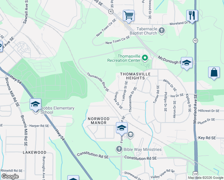 map of restaurants, bars, coffee shops, grocery stores, and more near 884 Grange Court Southeast in Atlanta