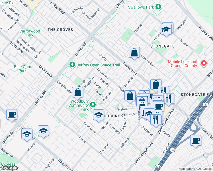 map of restaurants, bars, coffee shops, grocery stores, and more near 112 Chantilly in Irvine