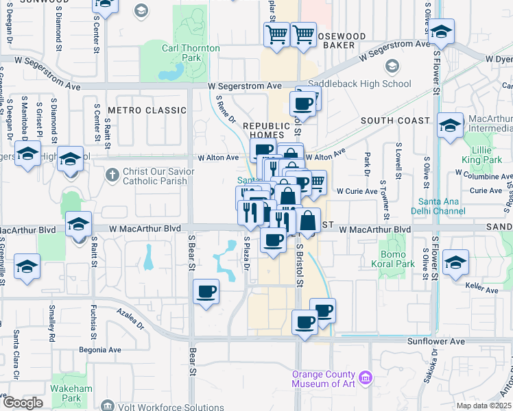 map of restaurants, bars, coffee shops, grocery stores, and more near 3401 South Plaza Drive in Santa Ana