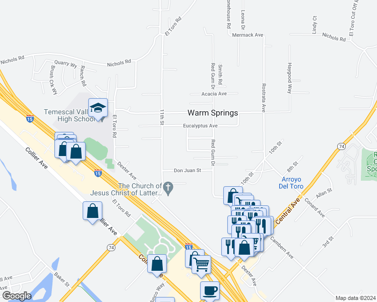 map of restaurants, bars, coffee shops, grocery stores, and more near 18306 Oleander Avenue in Lake Elsinore