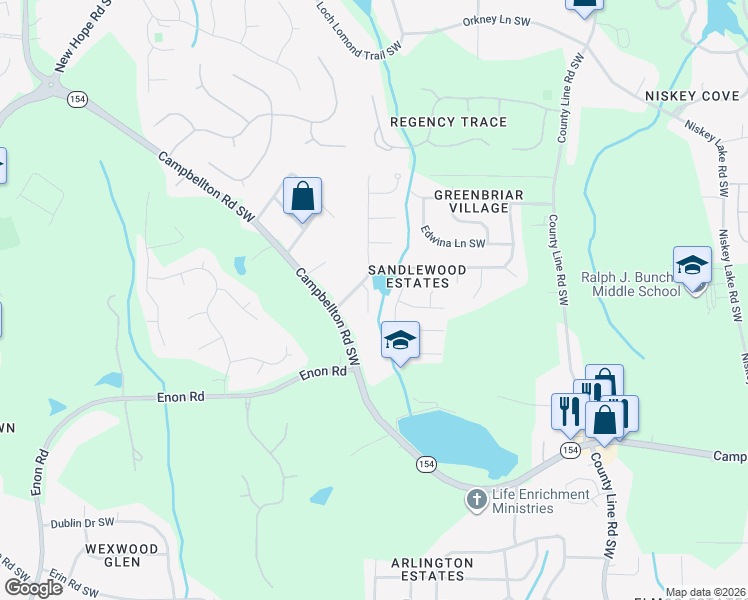 map of restaurants, bars, coffee shops, grocery stores, and more near 2011 Sandbrook Court Southwest in Atlanta
