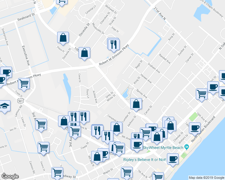 map of restaurants, bars, coffee shops, grocery stores, and more near 1405 Mr. Joe White Avenue in Myrtle Beach
