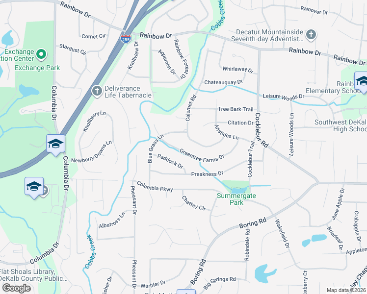 map of restaurants, bars, coffee shops, grocery stores, and more near 3638 Greentree Farms Drive in Decatur