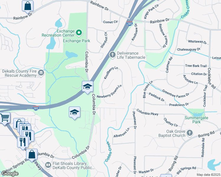 map of restaurants, bars, coffee shops, grocery stores, and more near 3470 Newberry Downs Lane in Decatur