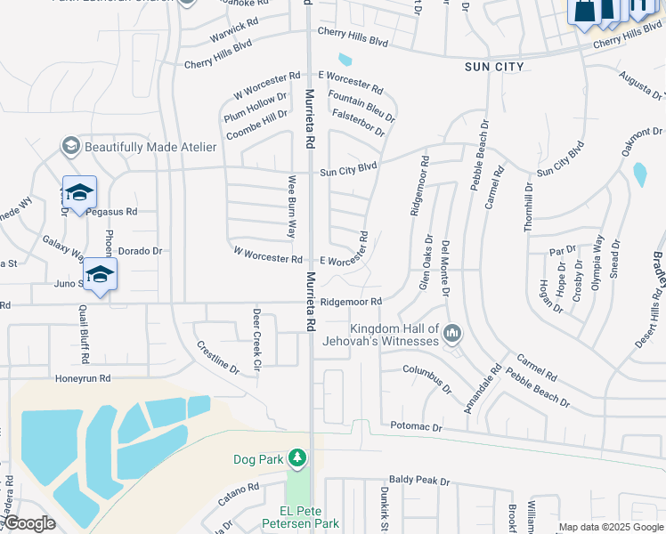 map of restaurants, bars, coffee shops, grocery stores, and more near 28928 East Worcester Road in Menifee