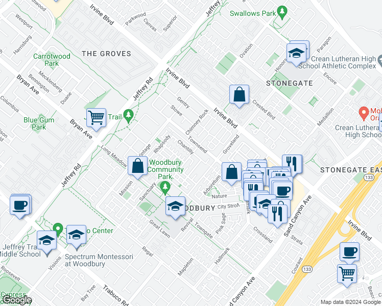 map of restaurants, bars, coffee shops, grocery stores, and more near 204 Guinevere in Irvine