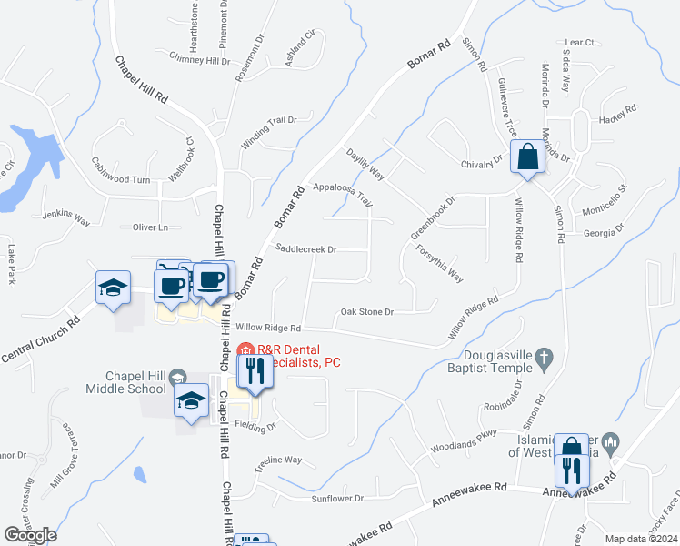 map of restaurants, bars, coffee shops, grocery stores, and more near 3743 Appaloosa Trail in Douglasville
