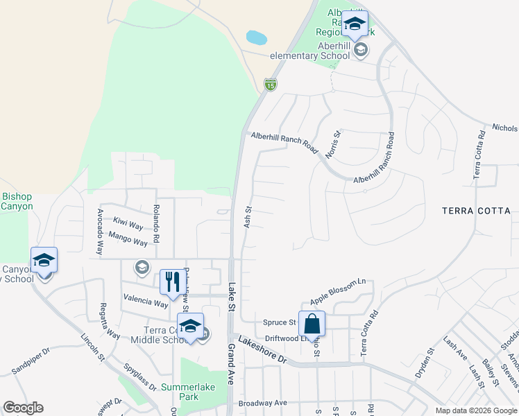 map of restaurants, bars, coffee shops, grocery stores, and more near 3314 Banyon Circle in Lake Elsinore