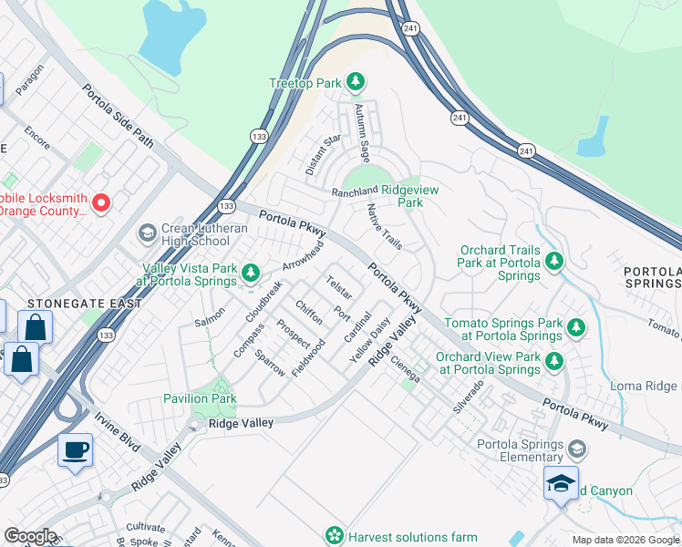 map of restaurants, bars, coffee shops, grocery stores, and more near 132 Carrotwood in Irvine
