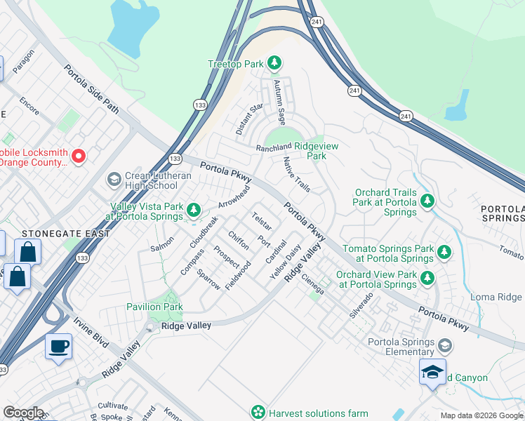 map of restaurants, bars, coffee shops, grocery stores, and more near 132 Carrotwood in Irvine